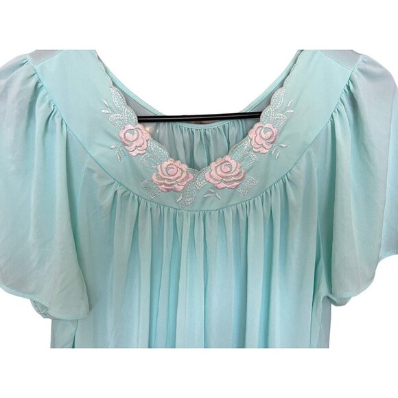 Vintage Shadowline Aqua Nylon Nightgown & Robe Silky Roses Embroidery Small Mcm - Picture 3 of 16